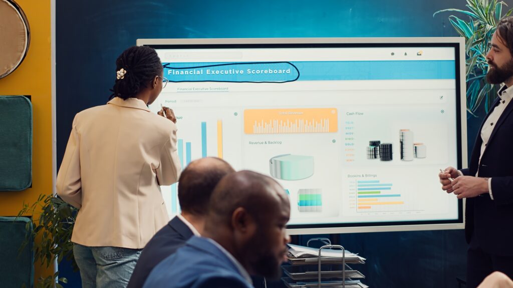 Employees team sharing insight on sales statistics in corporate briefing meeting